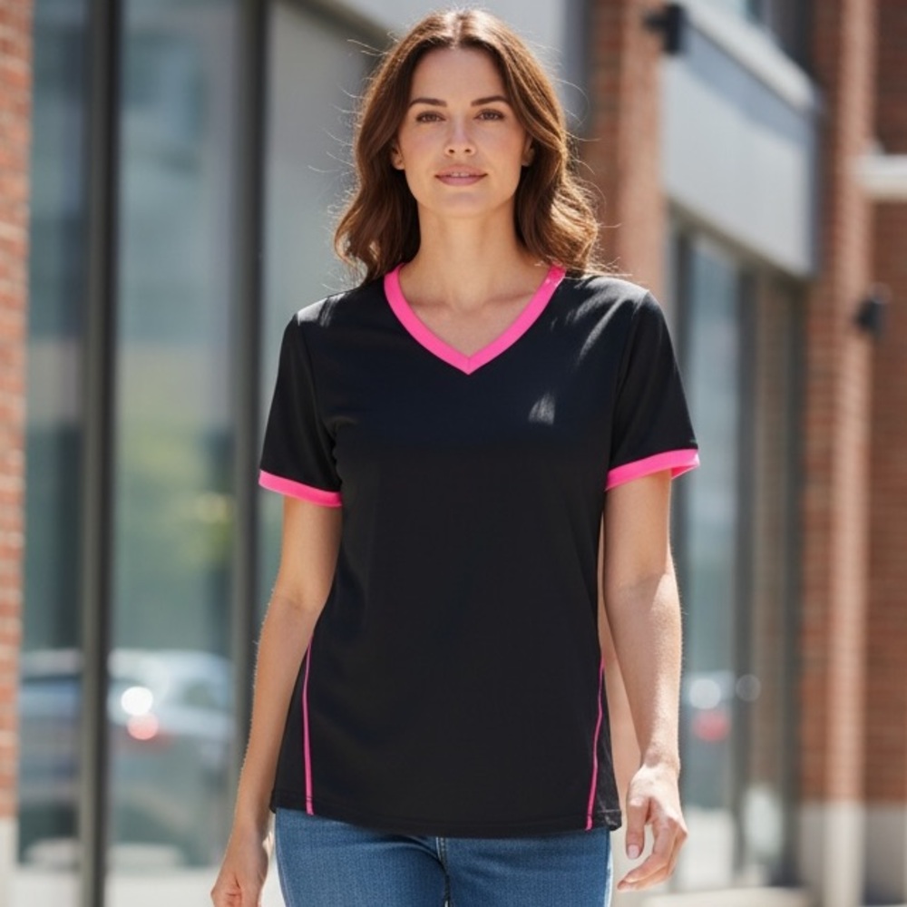 Adidas Medium Shirt 3 Stripe Logo Black Pink V-Neck Jersey Athletic Workout